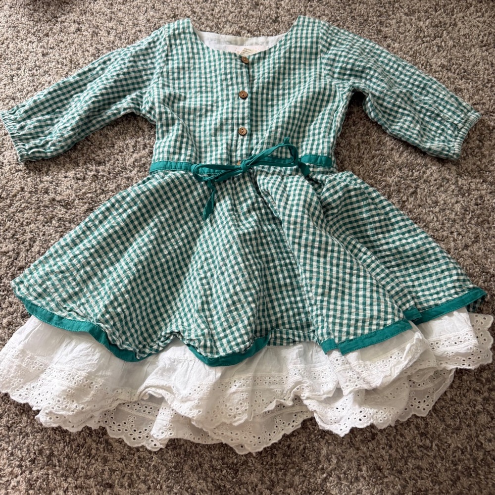 Well Dressed Wolf Girls Green Gingham Eyelet Lace Tiered Dress Size 5 Cotton